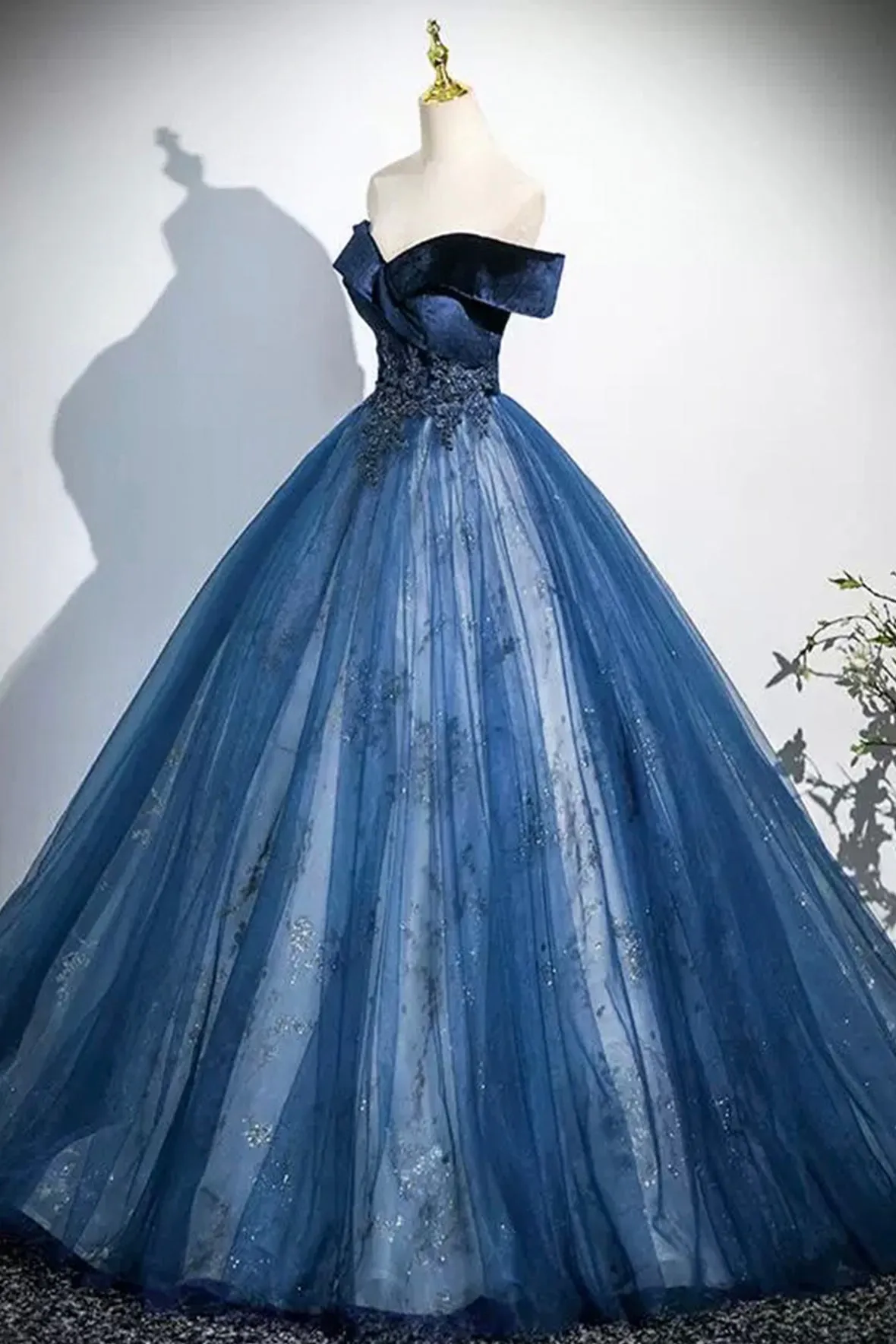 Navy Velvet Sequins Long Prom Dress, Elegant Off the Shoulder Party Dress