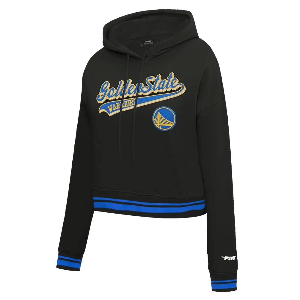 NBA GOLDEN STATE WARRIORS SCRIPT TAIL WOMEN'S RIB FLC CROPPED PO HOODIE (BLACK/ROYAL BLUE/BLACK)