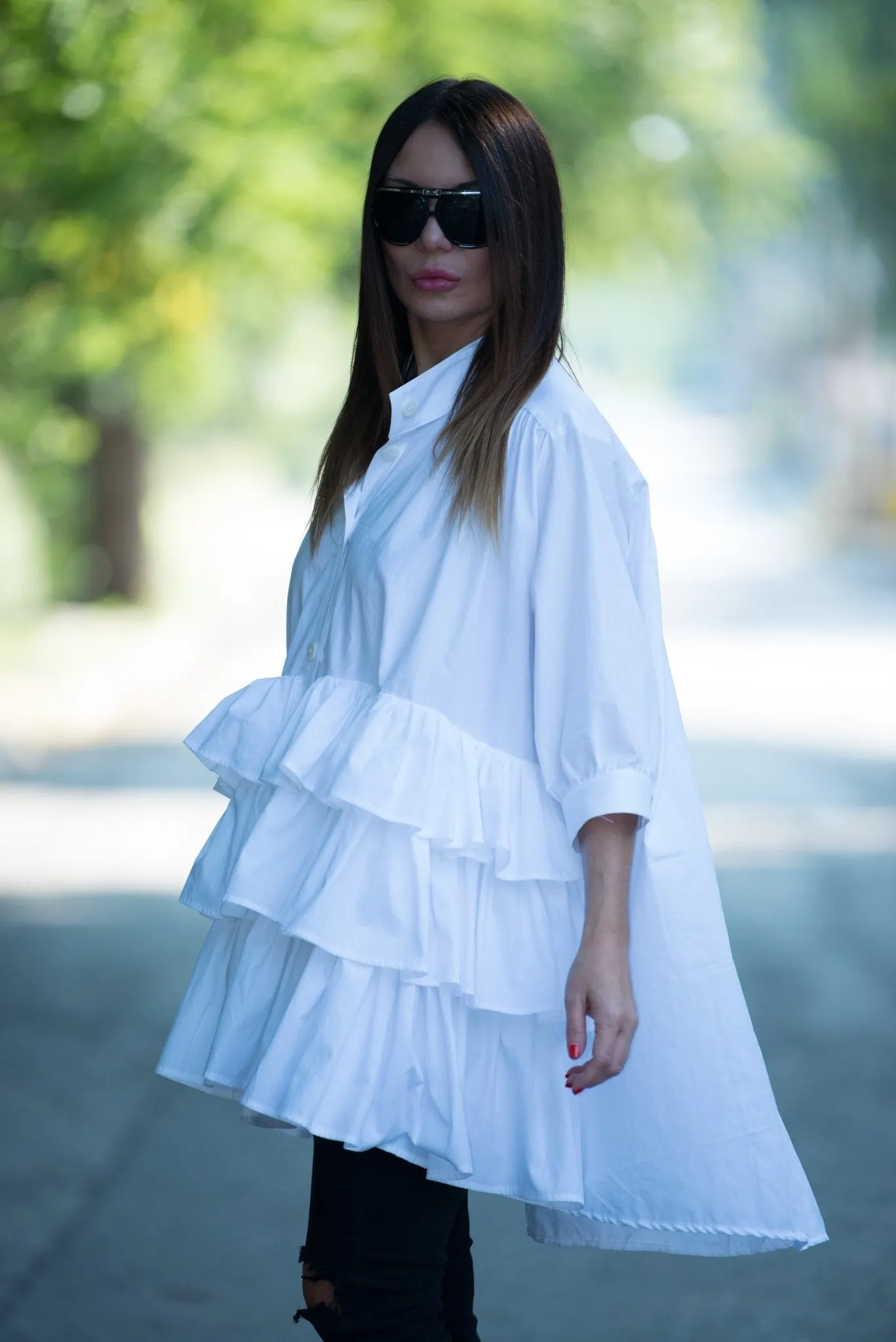 NOOR Flounces Cotton Loose Shirt