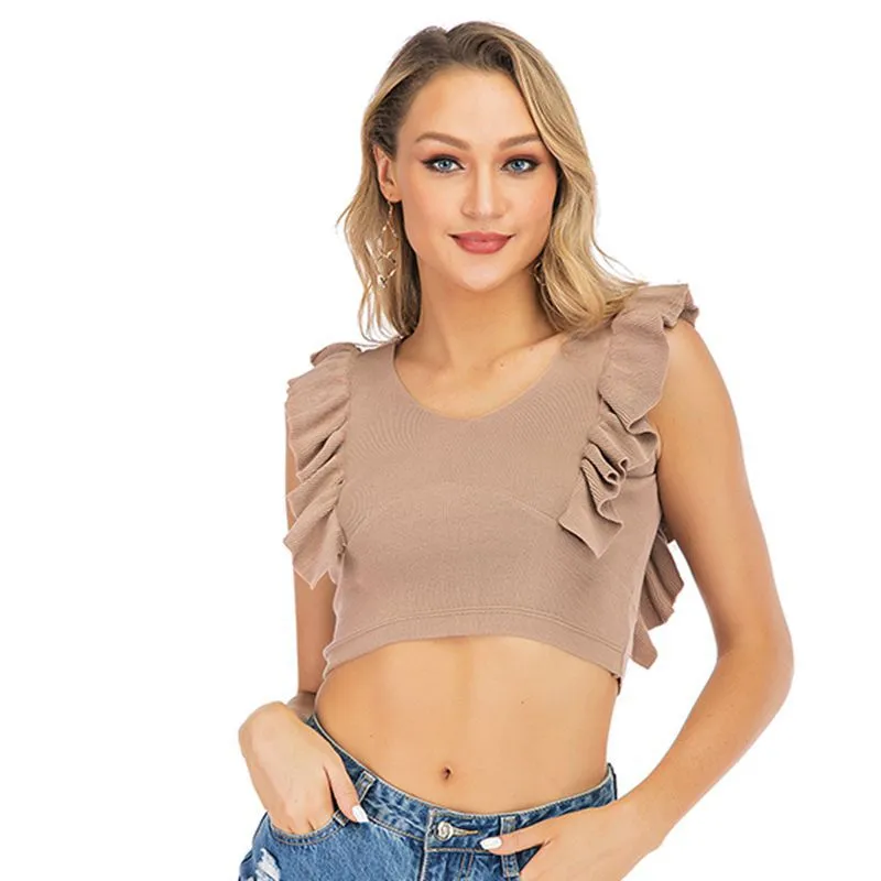 PEOPLETERRITORY popular summer new 2025 pleated ruffle edge slim and thin solid color versatile knitted sling vest short top
