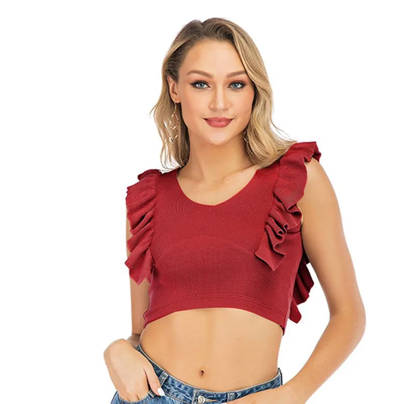 PEOPLETERRITORY popular summer new 2025 pleated ruffle edge slim and thin solid color versatile knitted sling vest short top