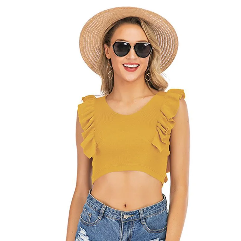 PEOPLETERRITORY popular summer new 2025 pleated ruffle edge slim and thin solid color versatile knitted sling vest short top