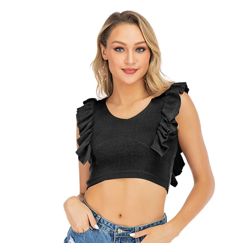 PEOPLETERRITORY popular summer new 2025 pleated ruffle edge slim and thin solid color versatile knitted sling vest short top