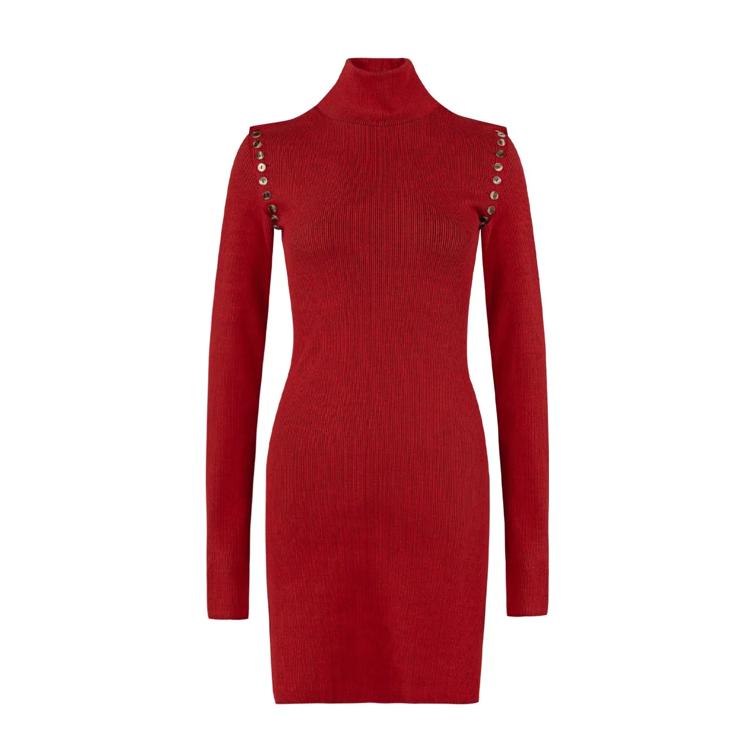 Red Button Detail Ribbed Dress