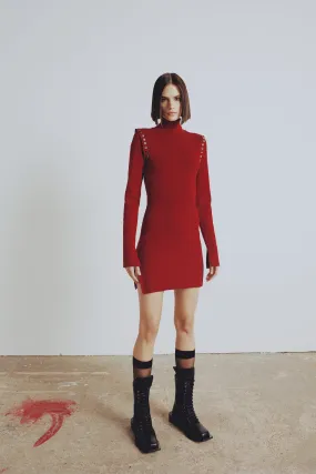 Red Button Detail Ribbed Dress