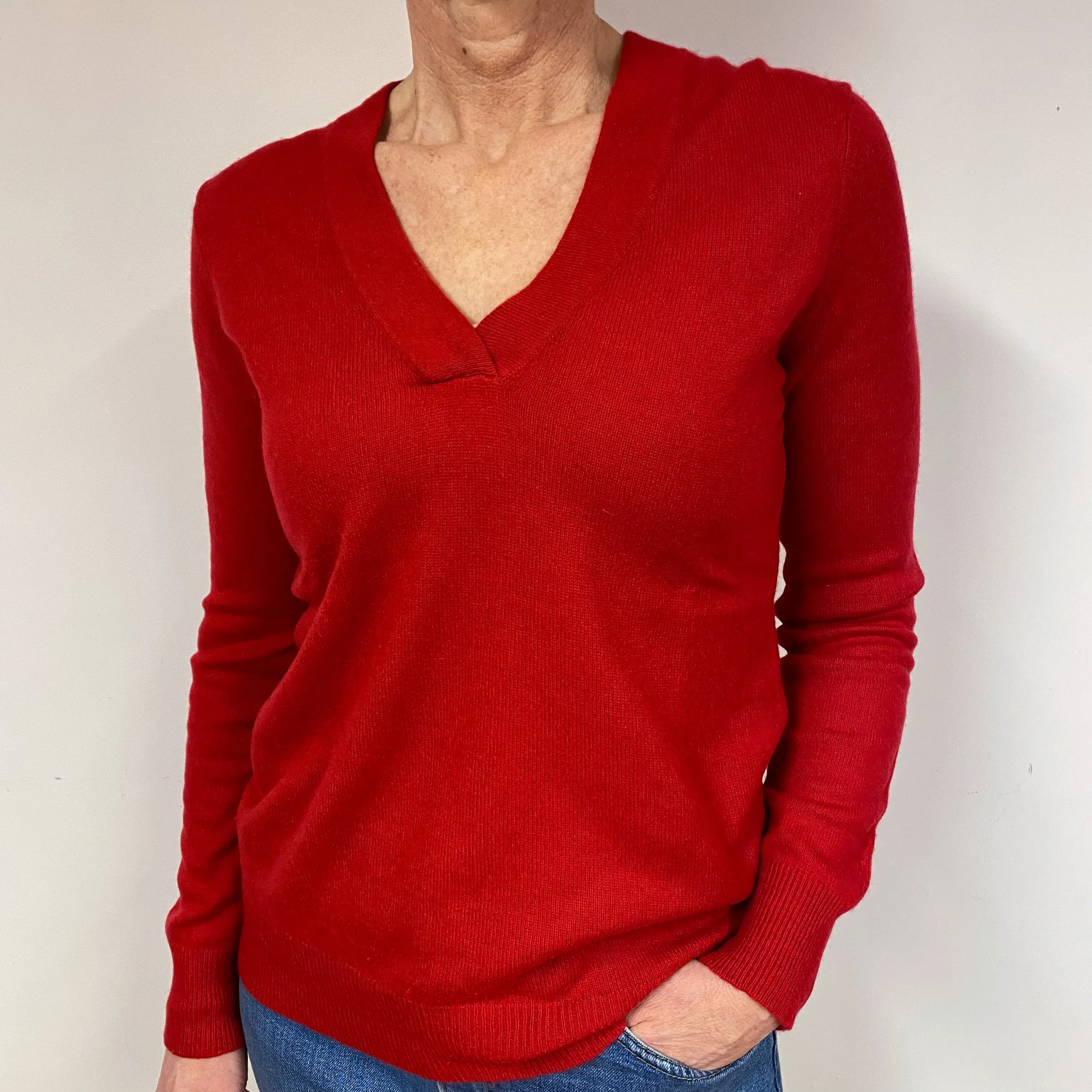 Red Cashmere V-Neck Jumper Medium