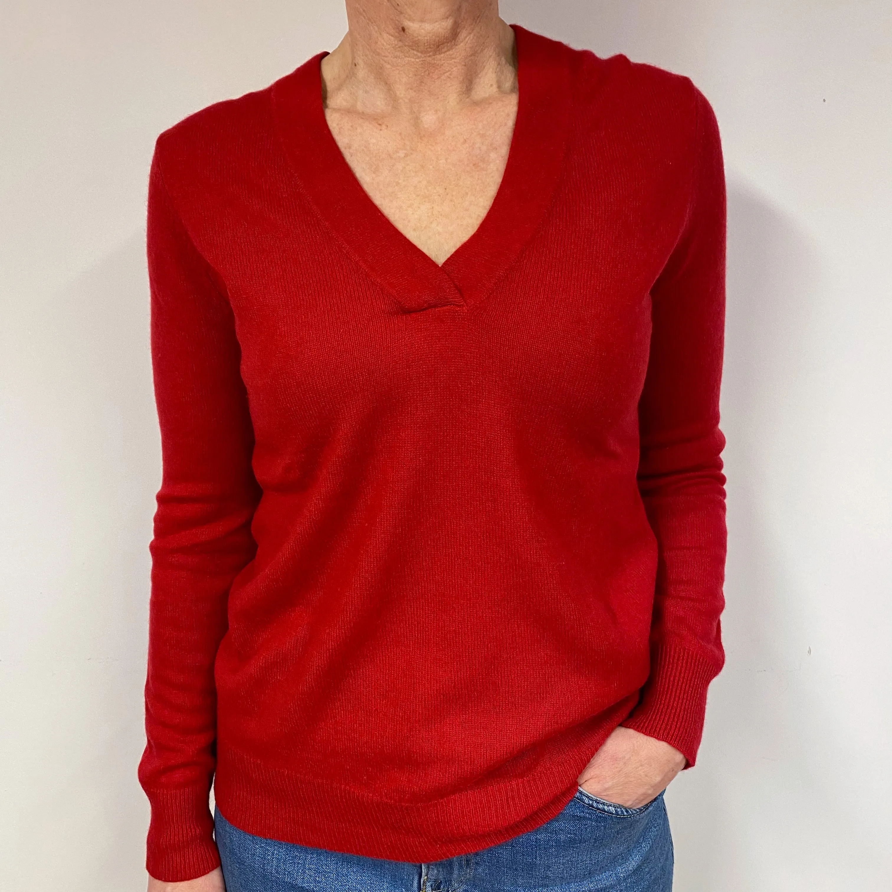 Red Cashmere V-Neck Jumper Medium