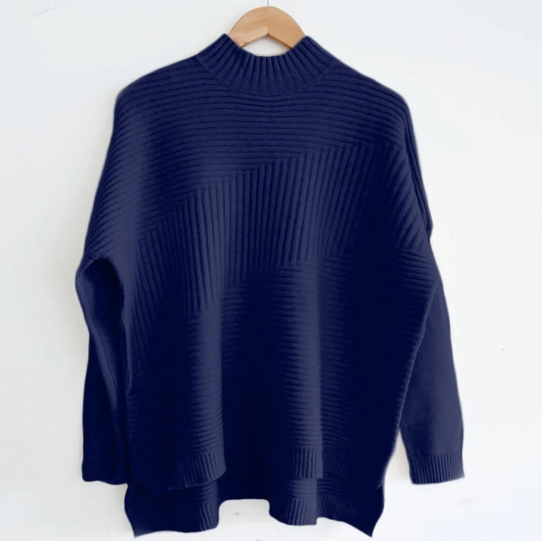 Ribbed Funnel Neck Jumper in Navy