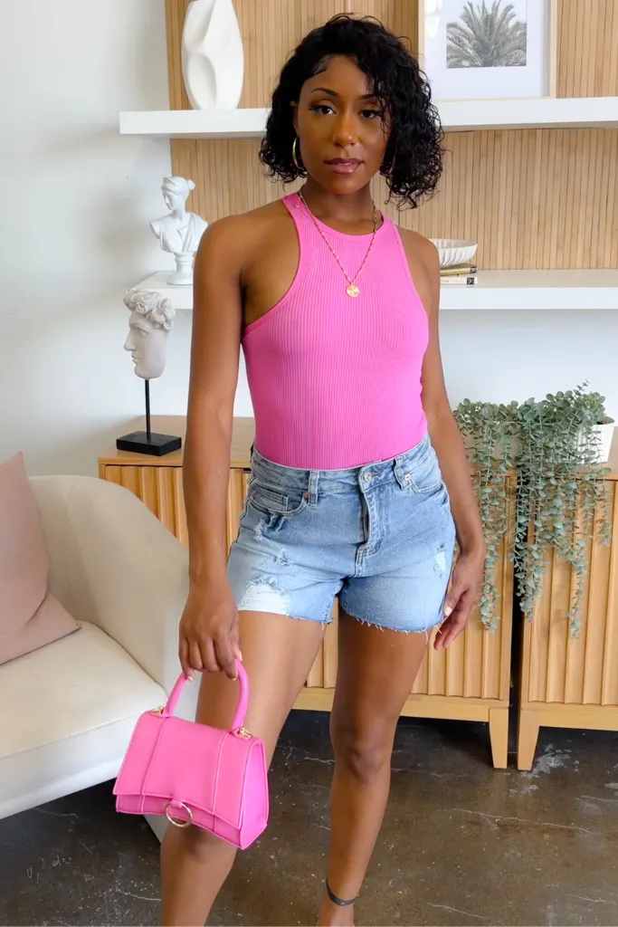 Ribbed High Neck Bodysuit - Pink