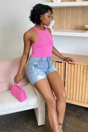 Ribbed High Neck Bodysuit - Pink