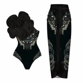 Rose Flower Swimsuit Black