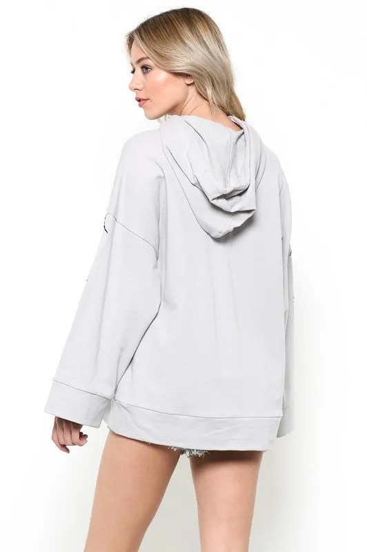 Rosy Floral Patch Gray Hoodie Sweater