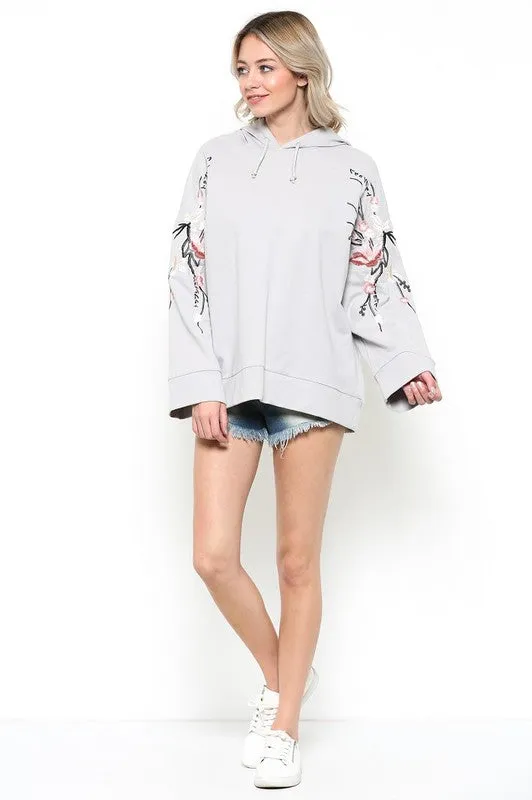 Rosy Floral Patch Gray Hoodie Sweater