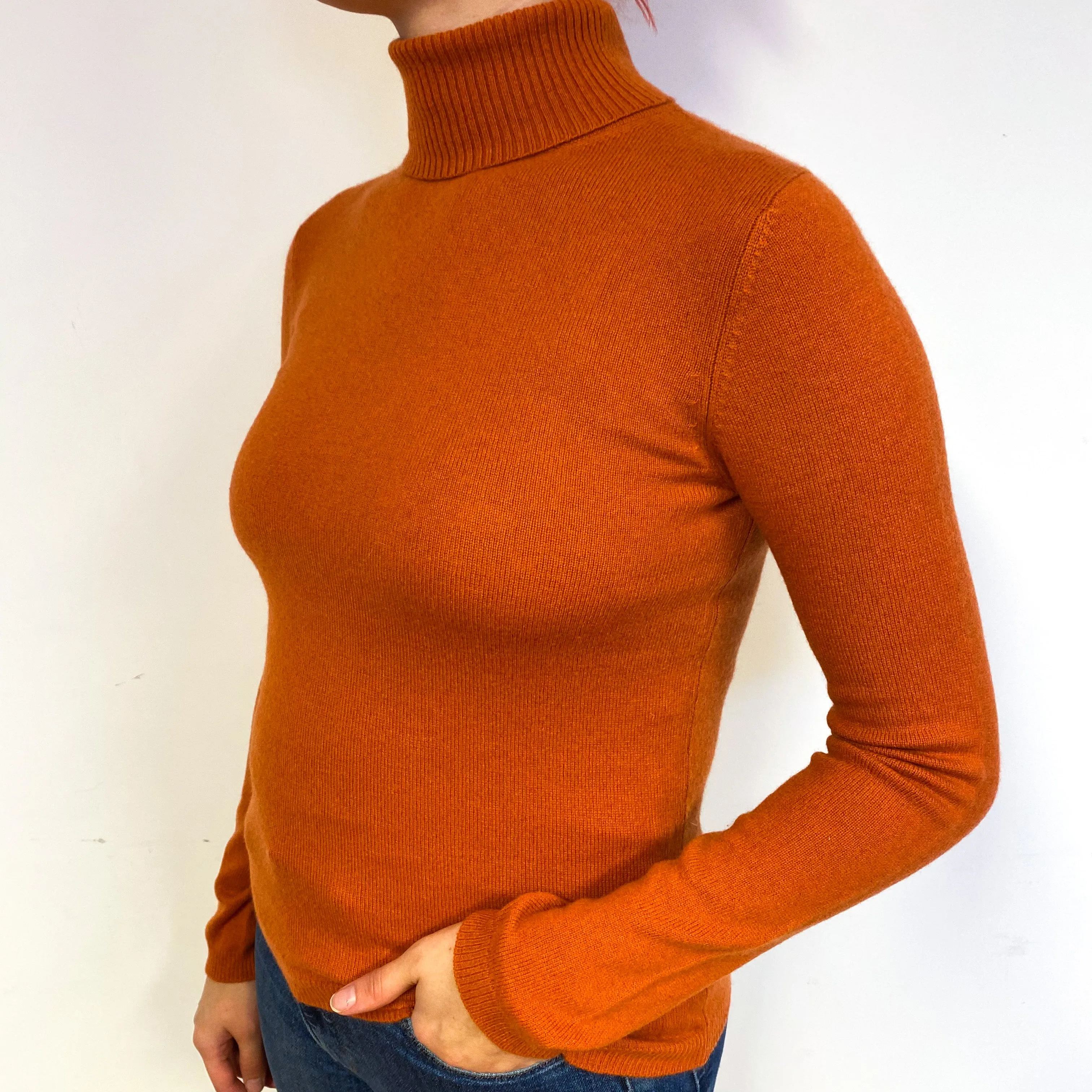 Rust Orange Cashmere Polo Neck Jumper Small