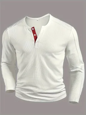 RustTui - Heren Lange Mouw Wafelgebreide Henley Shirt met Contrasterende Knoopsluiting