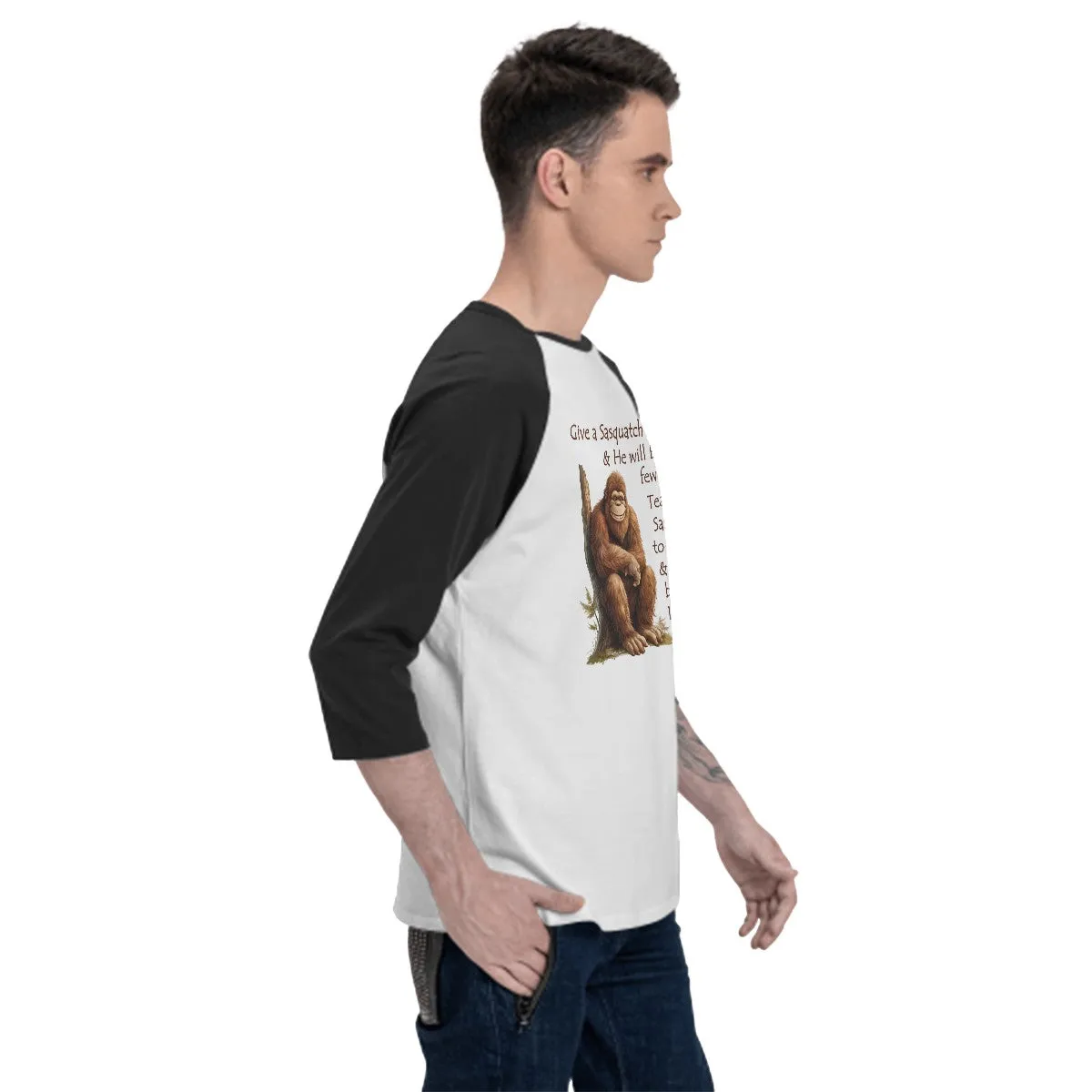 Sarcastic Sasquatch “Give Sasquatch a fish...”  3/4 Sleeve Cotton Baseball Shirt