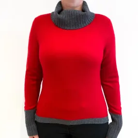 Scarlet Red and Slate Grey Cashmere Polo Neck Jumper Large