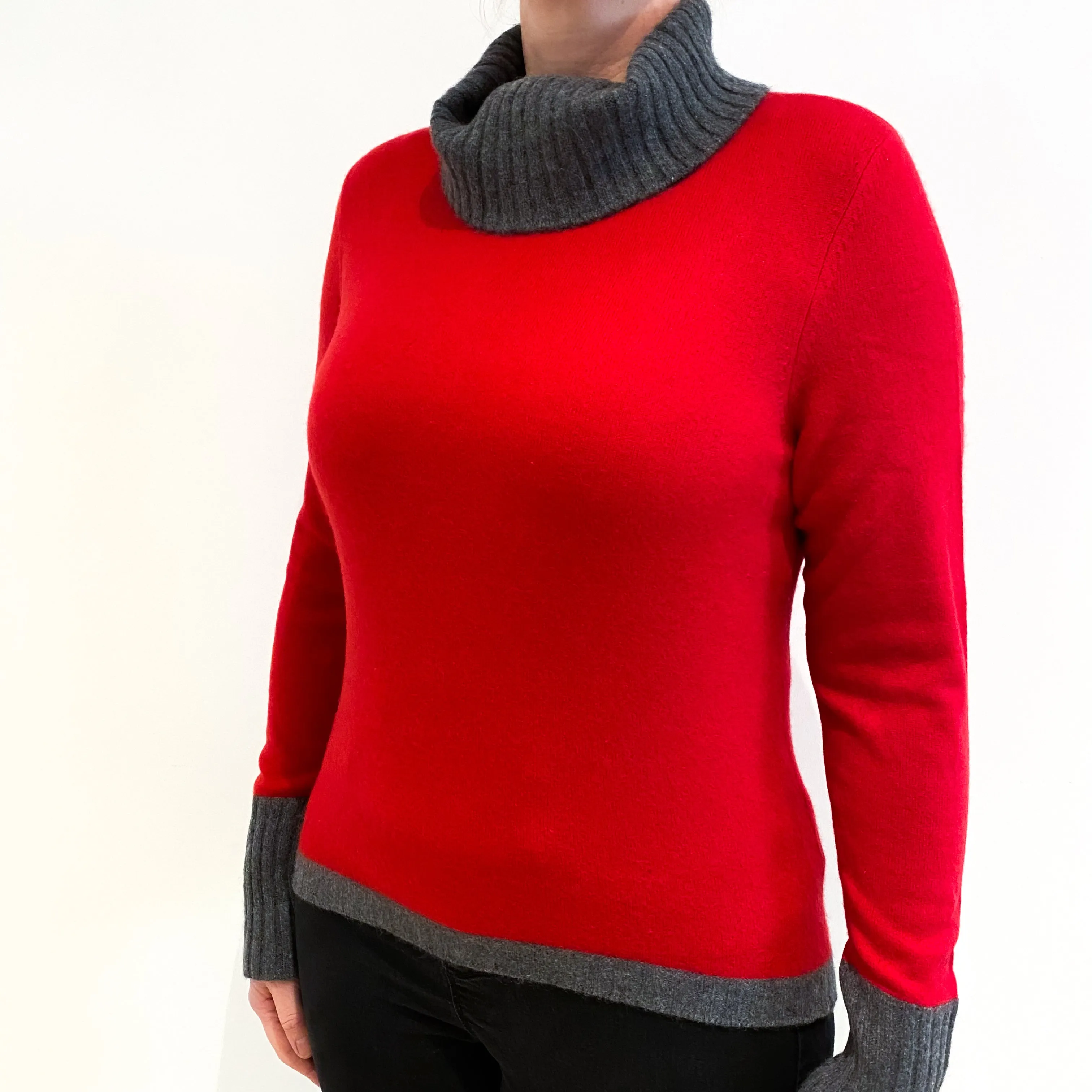 Scarlet Red and Slate Grey Cashmere Polo Neck Jumper Large