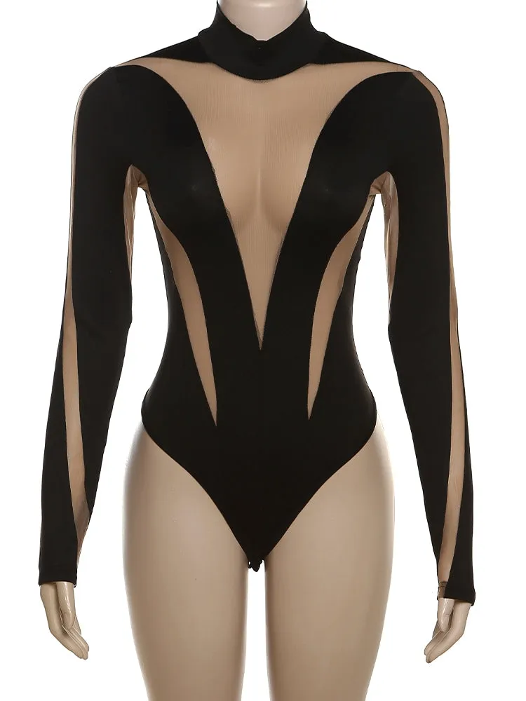 See Through Mesh Patchwork Elastic Wild Bodycon Long Sleeve Bodysuit