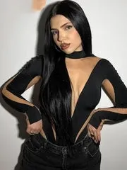 See Through Mesh Patchwork Elastic Wild Bodycon Long Sleeve Bodysuit