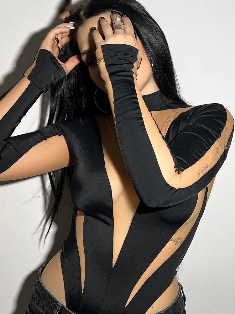 See Through Mesh Patchwork Elastic Wild Bodycon Long Sleeve Bodysuit