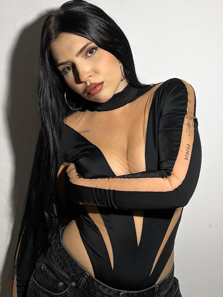 See Through Mesh Patchwork Elastic Wild Bodycon Long Sleeve Bodysuit