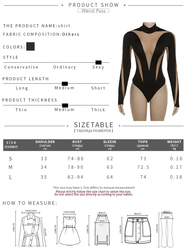 See Through Mesh Patchwork Elastic Wild Bodycon Long Sleeve Bodysuit