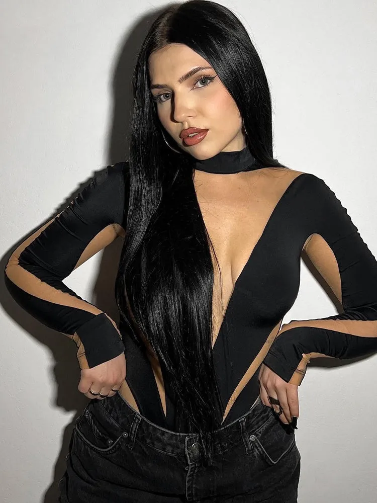See Through Mesh Patchwork Elastic Wild Bodycon Long Sleeve Bodysuit