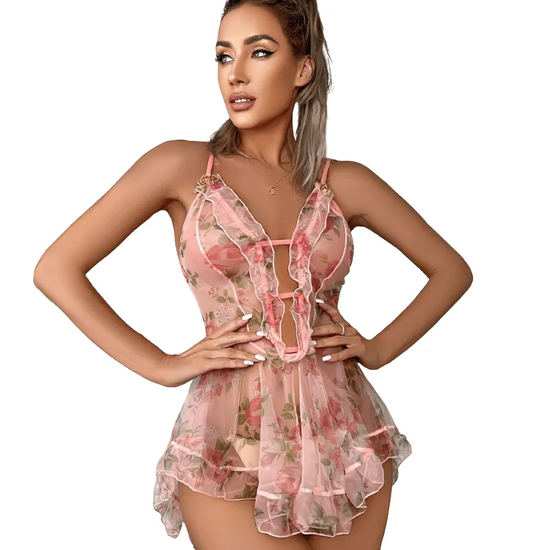 Semi Transparent Night Dress for Women / Sexy Babydoll with Floral Print / Sheer Sexy Nightwear