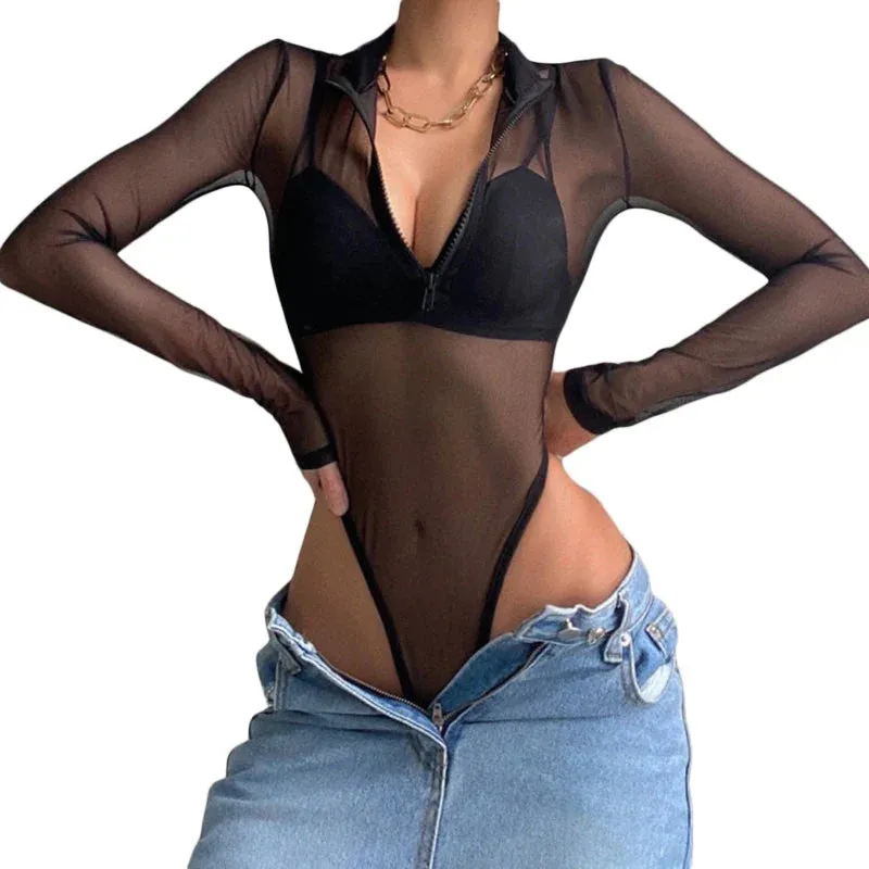 Sheer Mesh Lapel Mesh Perspective Half Zipper  Long Sleeve Bodysuit