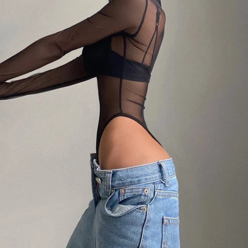 Sheer Mesh Lapel Mesh Perspective Half Zipper  Long Sleeve Bodysuit