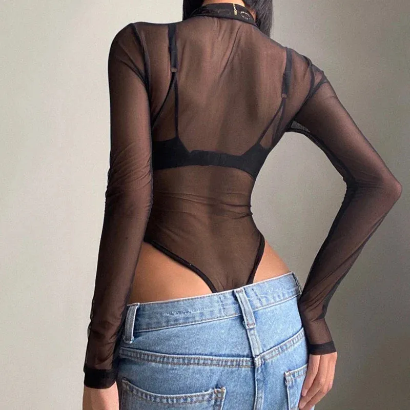 Sheer Mesh Lapel Mesh Perspective Half Zipper  Long Sleeve Bodysuit