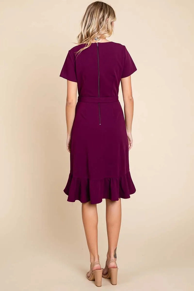 Short Sleeve Ruffled Tulip Hem Tie Belt Dress