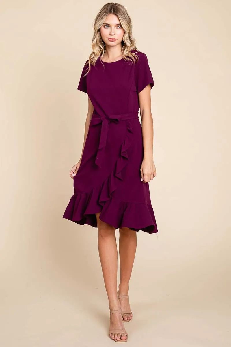 Short Sleeve Ruffled Tulip Hem Tie Belt Dress