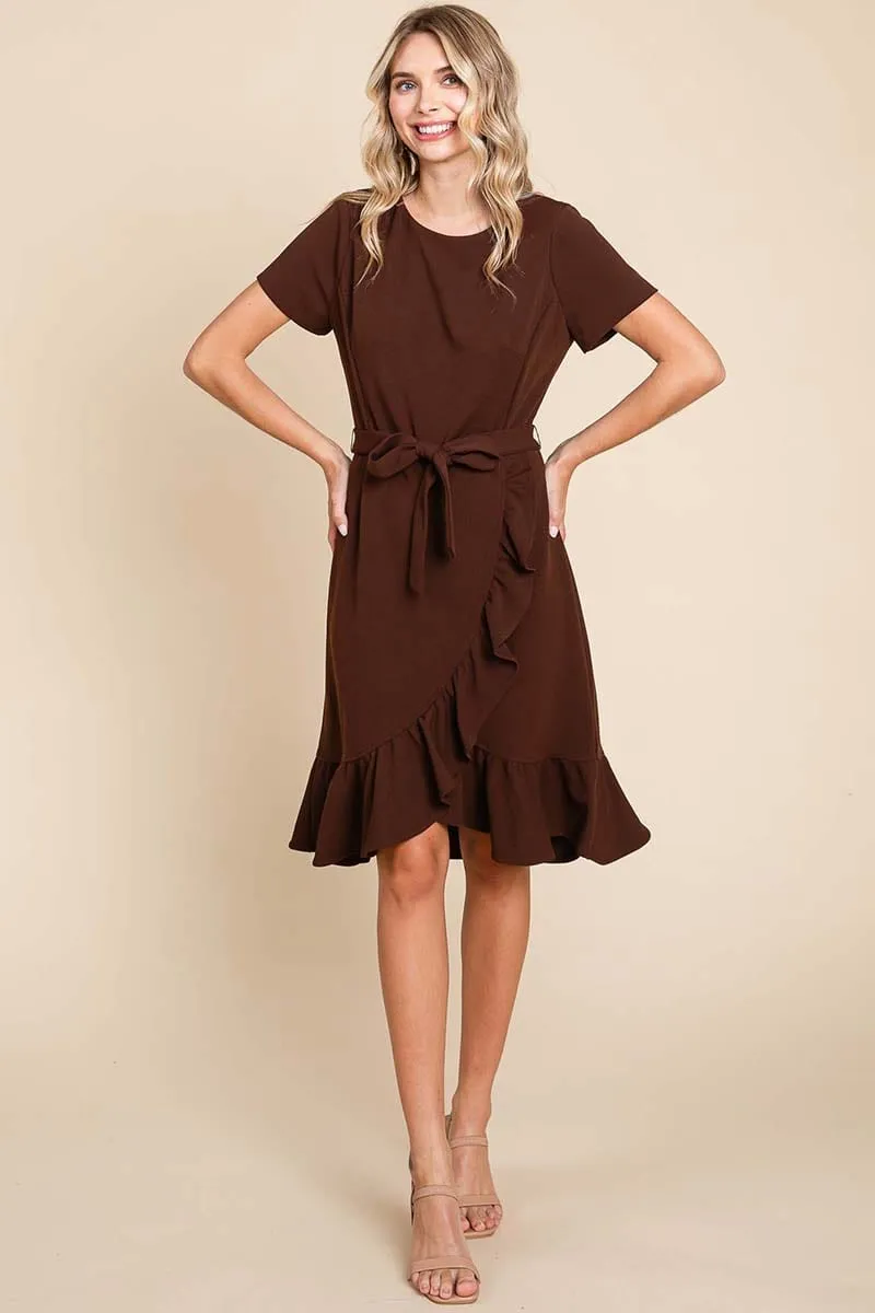 Short Sleeve Ruffled Tulip Hem Tie Belt Dress