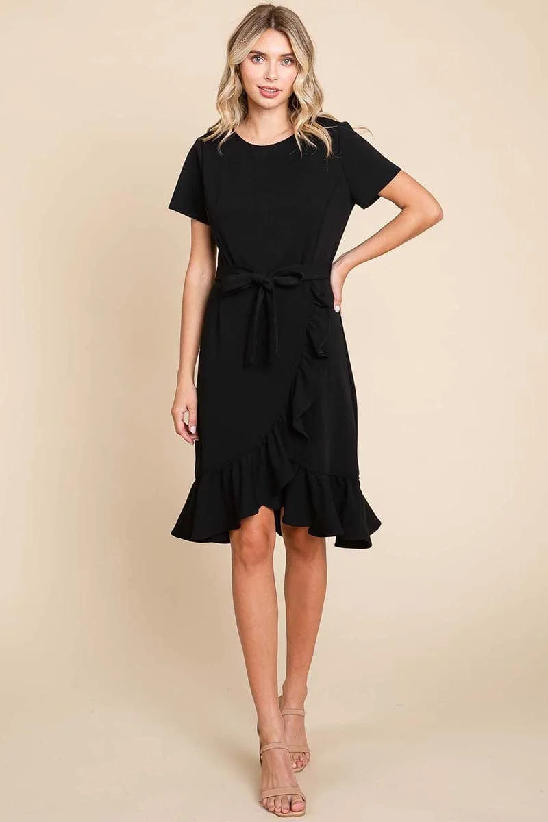 Short Sleeve Ruffled Tulip Hem Tie Belt Dress