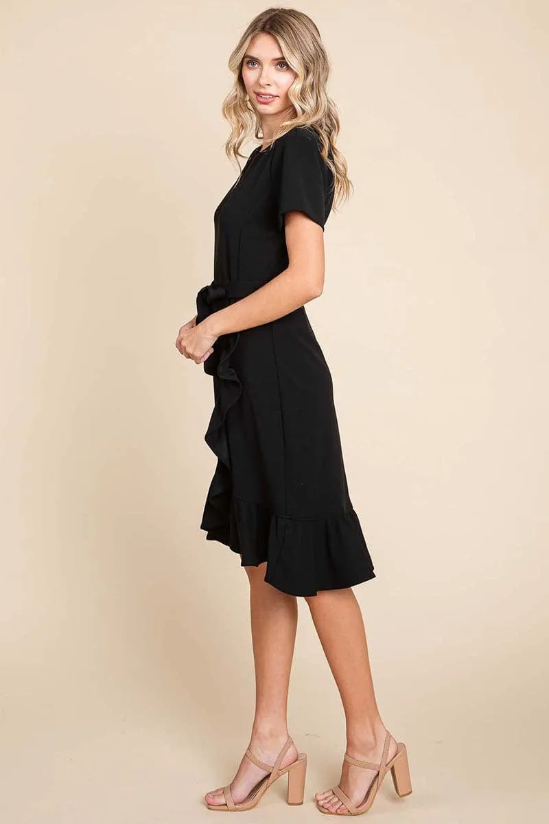 Short Sleeve Ruffled Tulip Hem Tie Belt Dress