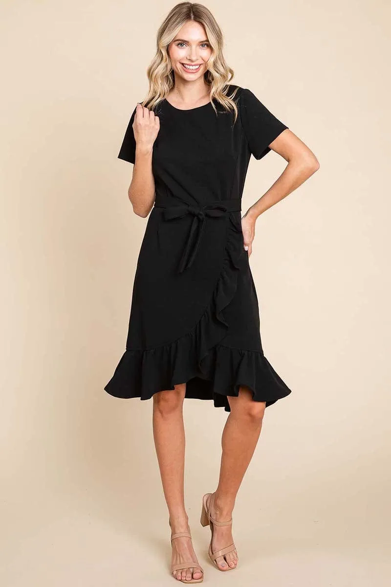 Short Sleeve Ruffled Tulip Hem Tie Belt Dress
