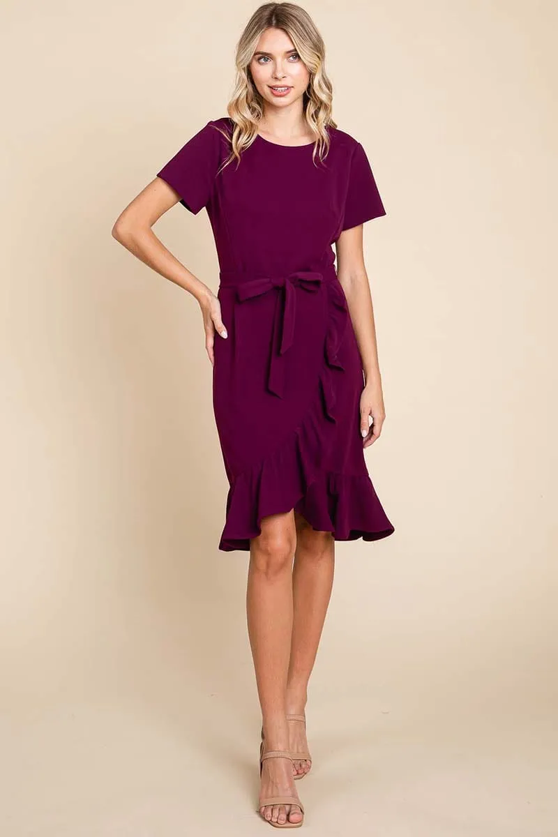 Short Sleeve Ruffled Tulip Hem Tie Belt Dress