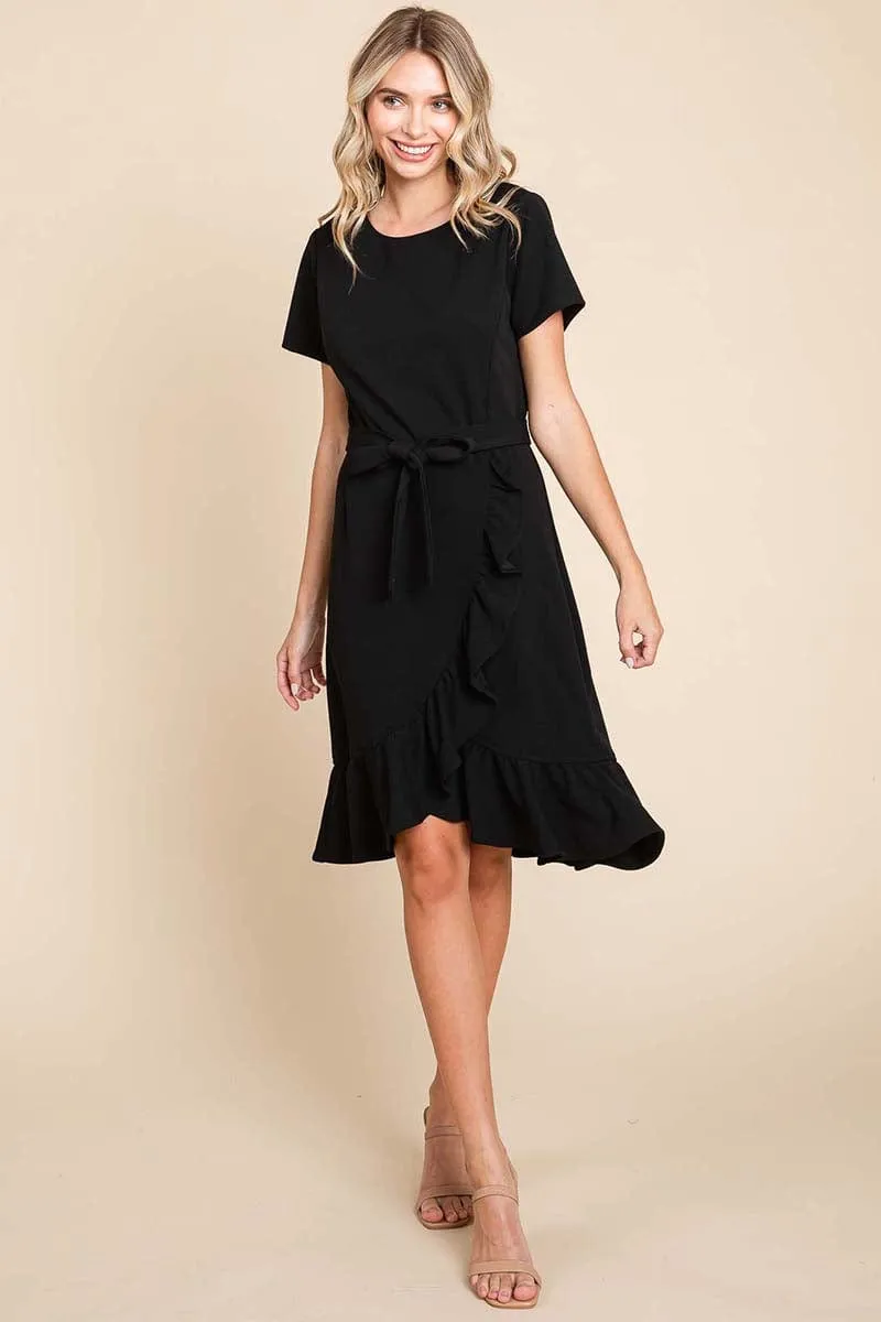Short Sleeve Ruffled Tulip Hem Tie Belt Dress