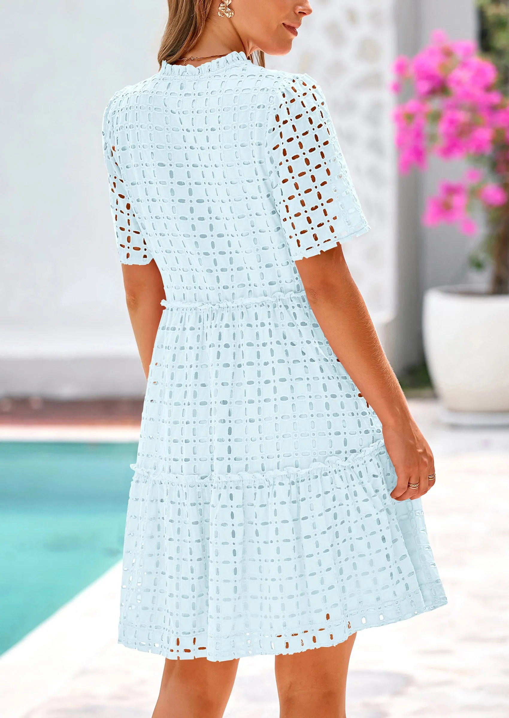 Short Sleeve V Neck Hollow Out Eyelet Ruffle A Line Swing Mini Dress
