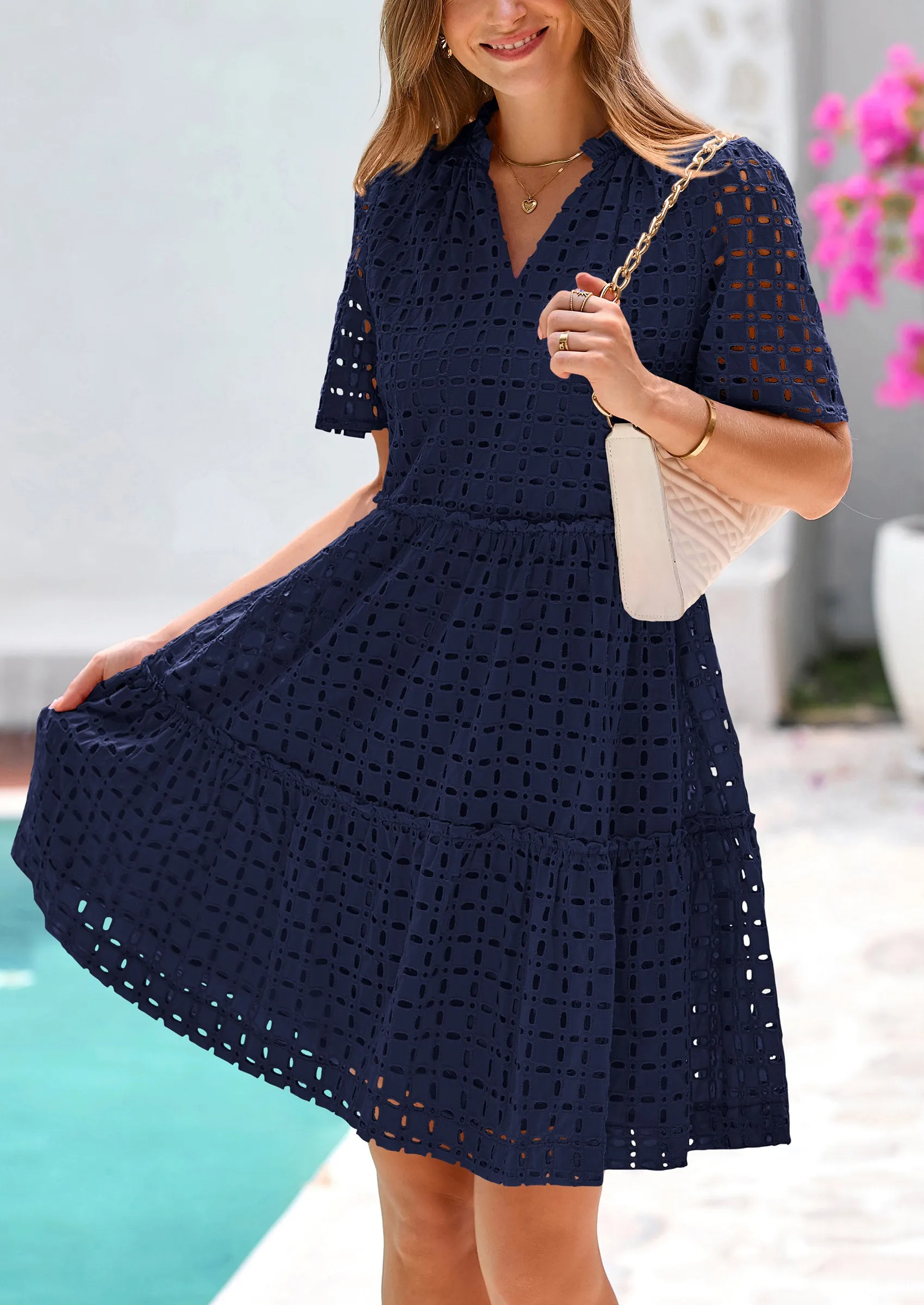Short Sleeve V Neck Hollow Out Eyelet Ruffle A Line Swing Mini Dress