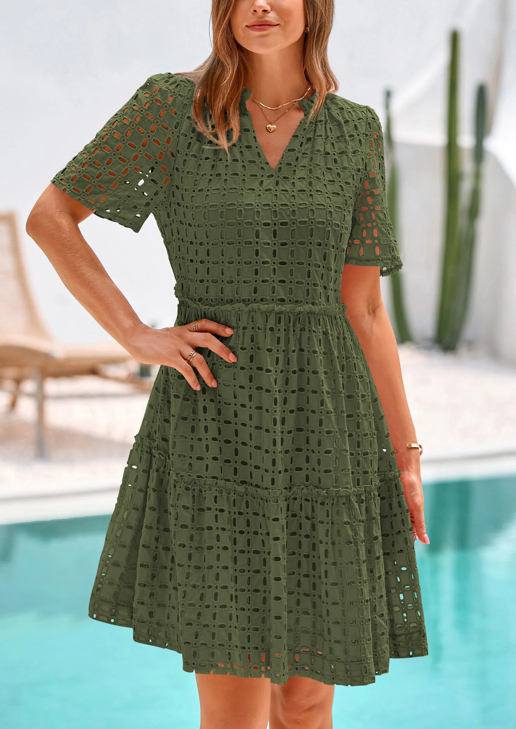 Short Sleeve V Neck Hollow Out Eyelet Ruffle A Line Swing Mini Dress