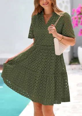Short Sleeve V Neck Hollow Out Eyelet Ruffle A Line Swing Mini Dress