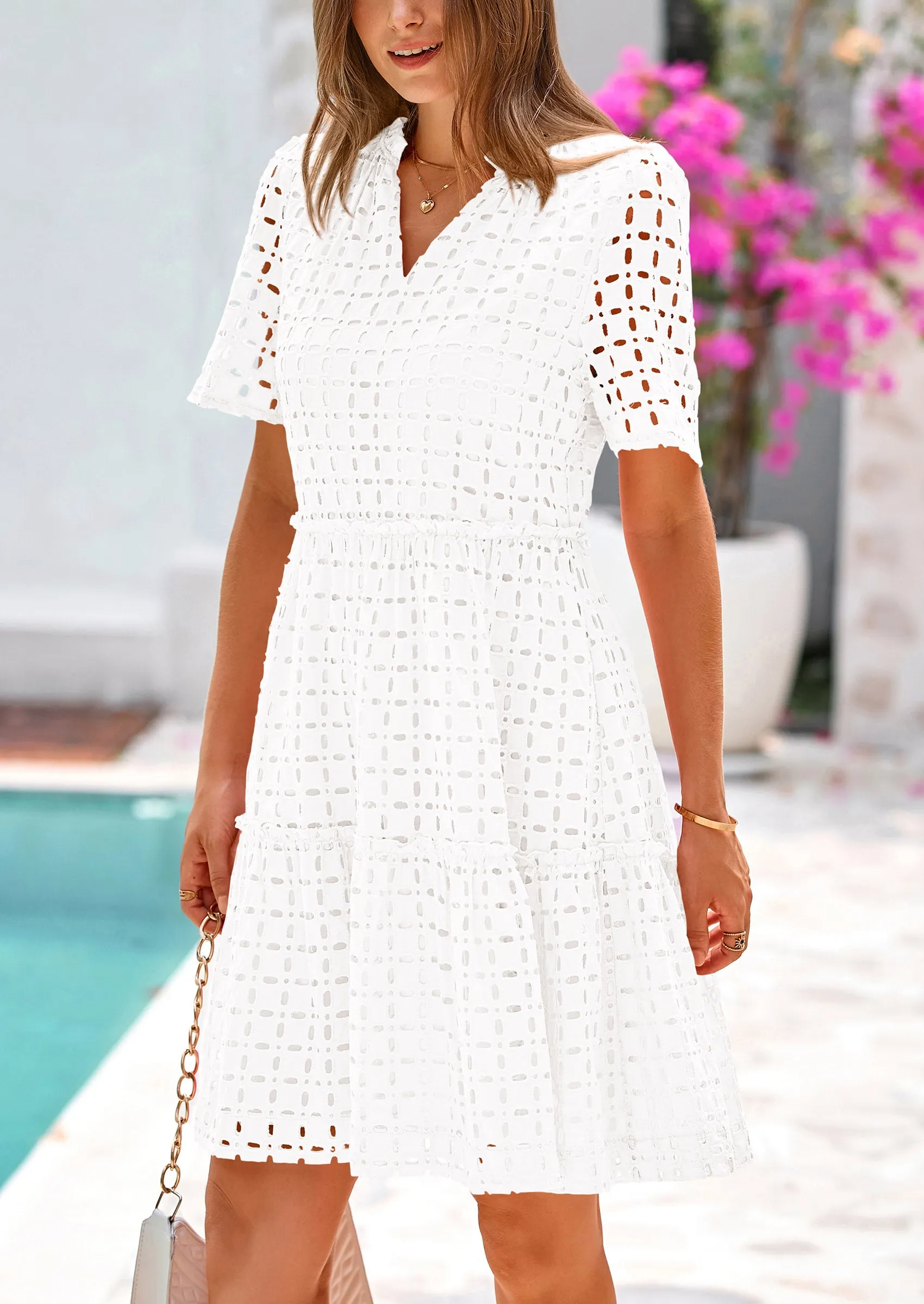 Short Sleeve V Neck Hollow Out Eyelet Ruffle A Line Swing Mini Dress