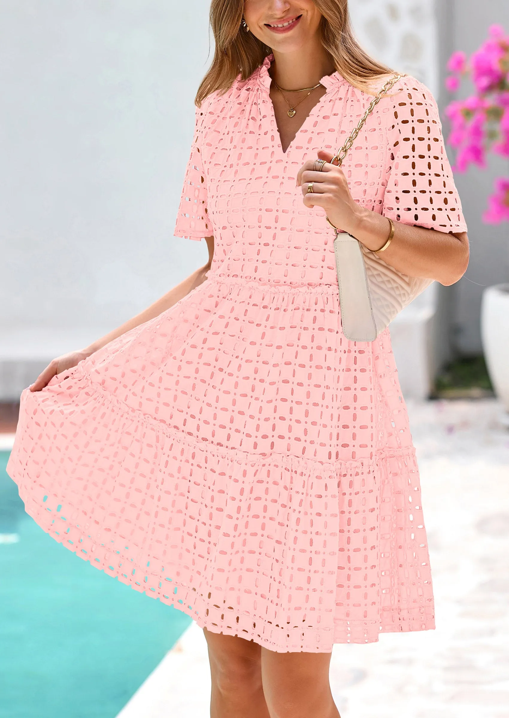 Short Sleeve V Neck Hollow Out Eyelet Ruffle A Line Swing Mini Dress