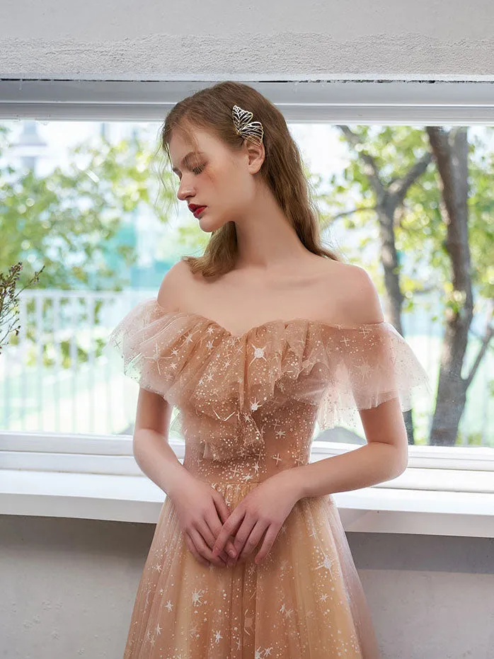 Simple Tulle Off Shoulder Lace Long Prom Dress Lace Formal Dress