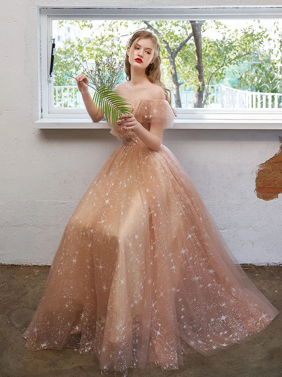 Simple Tulle Off Shoulder Lace Long Prom Dress Lace Formal Dress