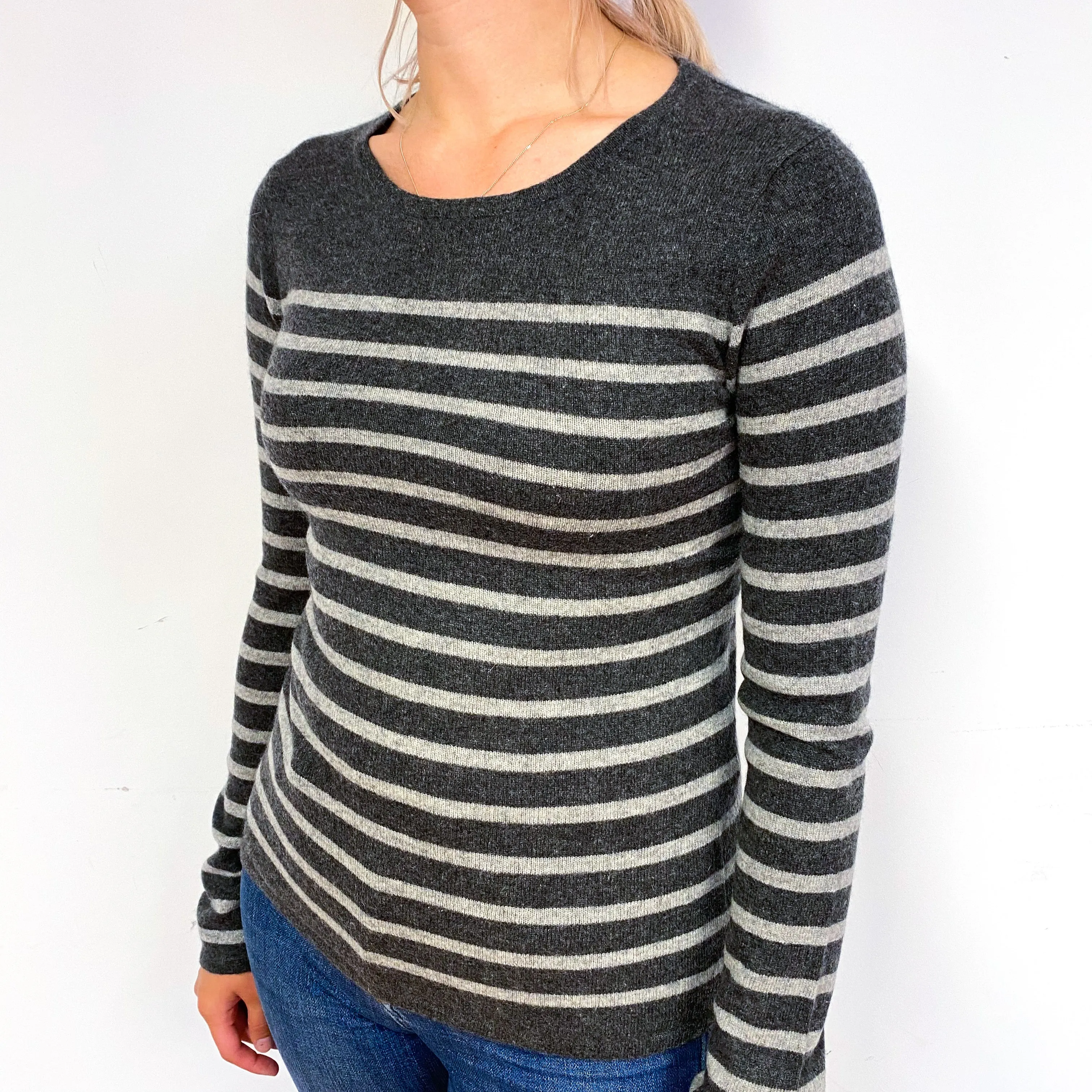 Slate Grey Stripe Cashmere Crew Neck Jumper Small