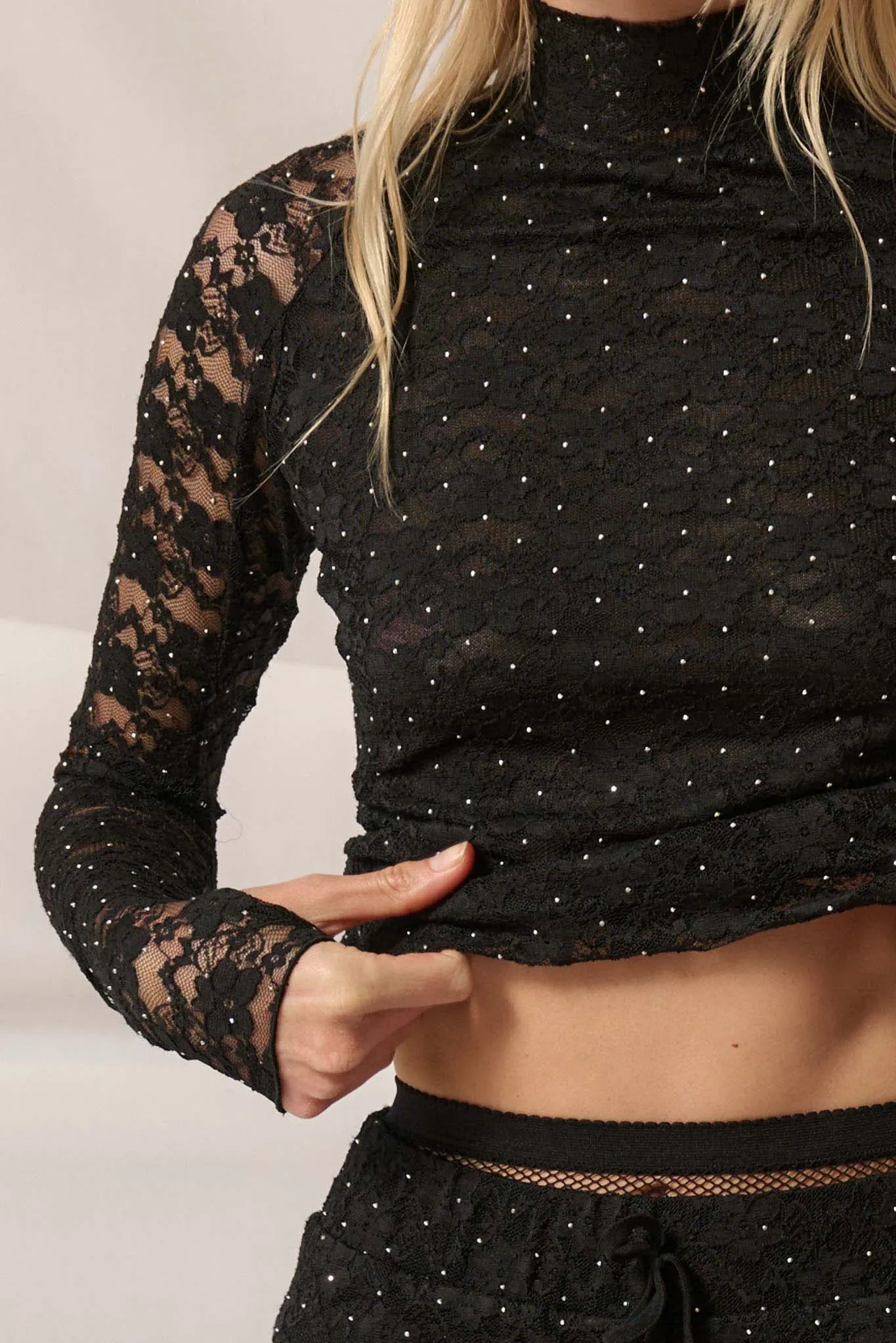 Starry Eyed Studded Floral Lace Mock-Neck Top